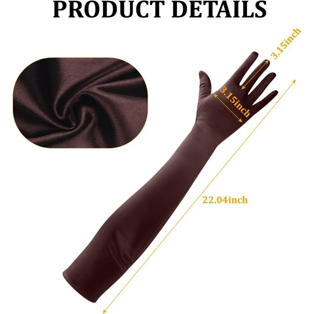Women's Brown Long Satin Opera Fabric Gloves Party Tea Stretchy Elbow Length